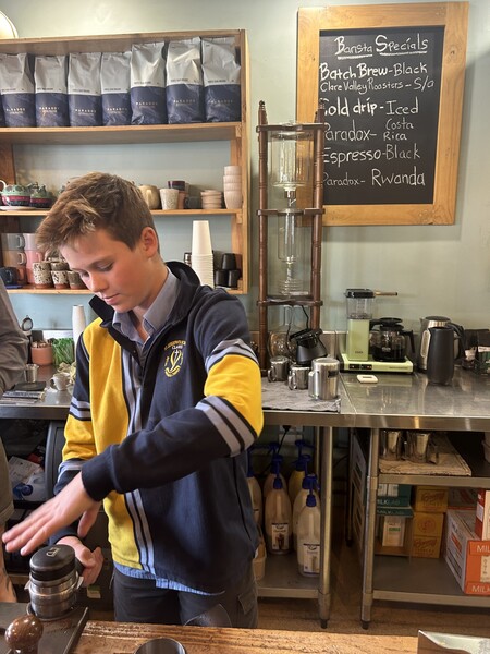 Jackson making coffee